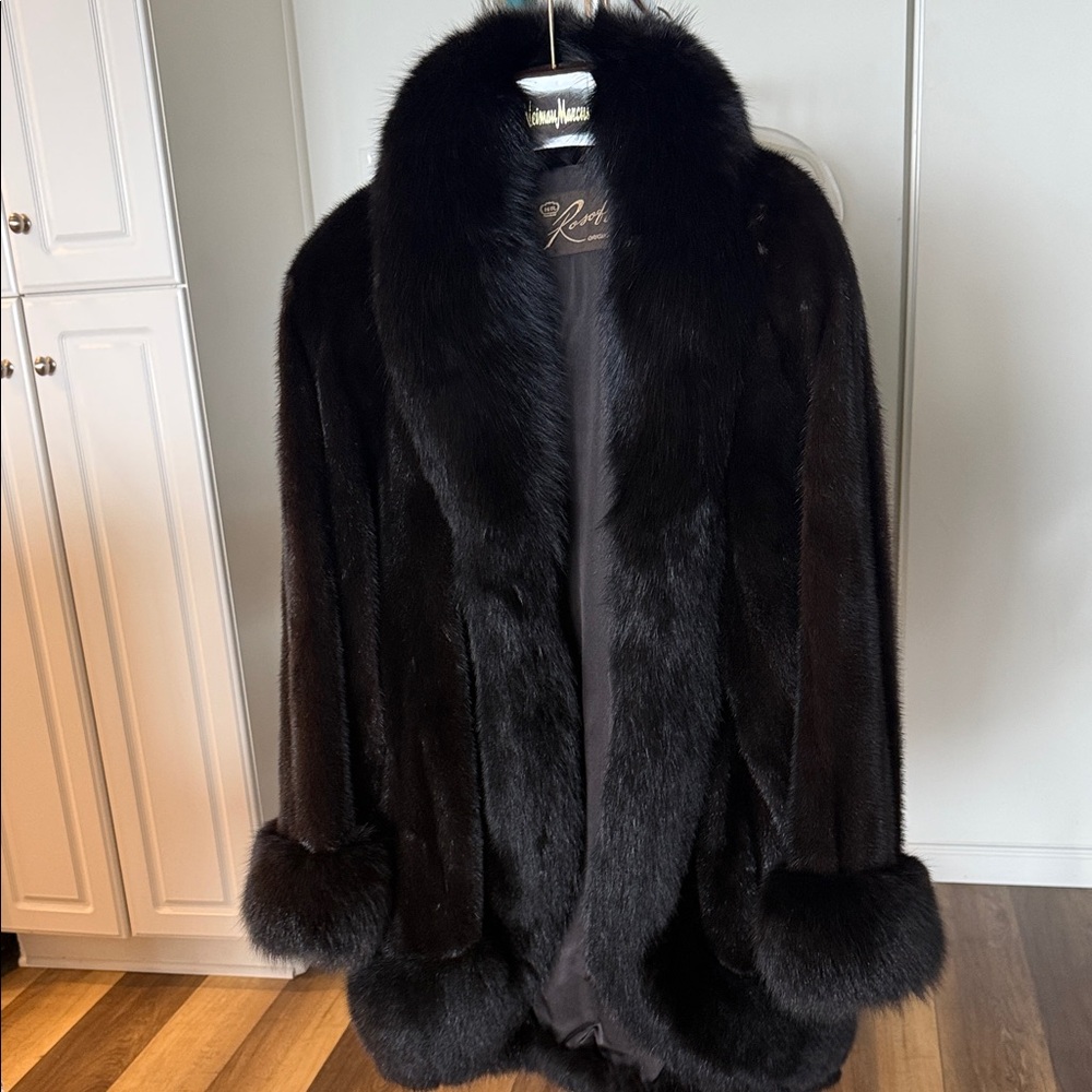 Black Mink with Fox collar that goes all around the edges and cuffs, Fur Coat